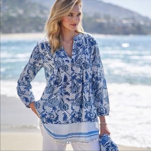 ROLLER RABBIT X GORSUCH Womens EMMA Cotton Silk Top Boho Blue Pom Pom Hem XL